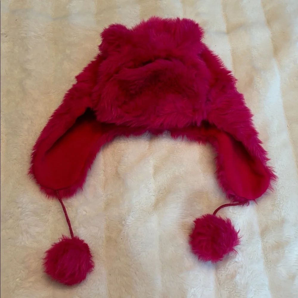 Girls Pink Faux Fur Hat Ears Pom Poms Toby Fleece